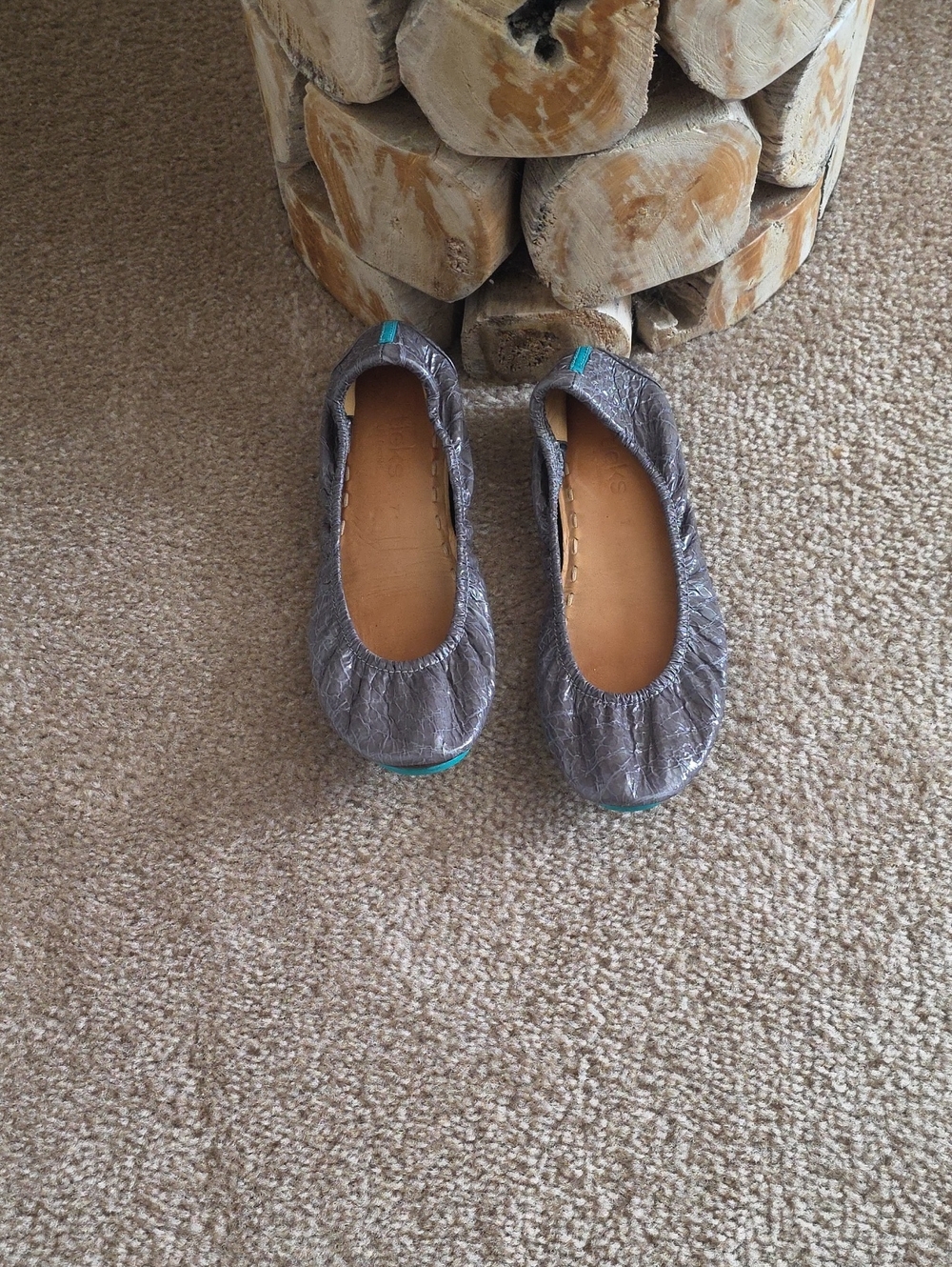 Tieks Metallic Gray Ballet Flats with Teal Trim